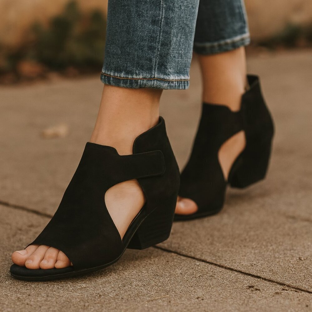 Eileen Fisher Iris Black Suede Cut Out Wedge Heels Sz 7